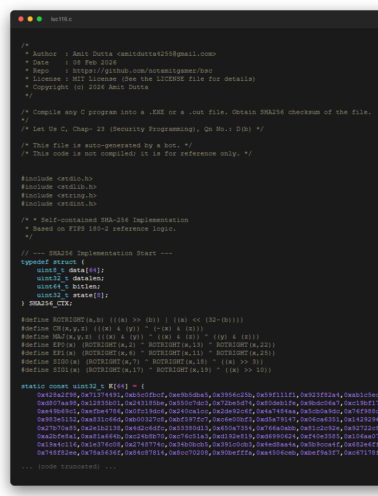 Compile any C program into a .EXE or a .out file. Obtain SHA256 checksum of the file.